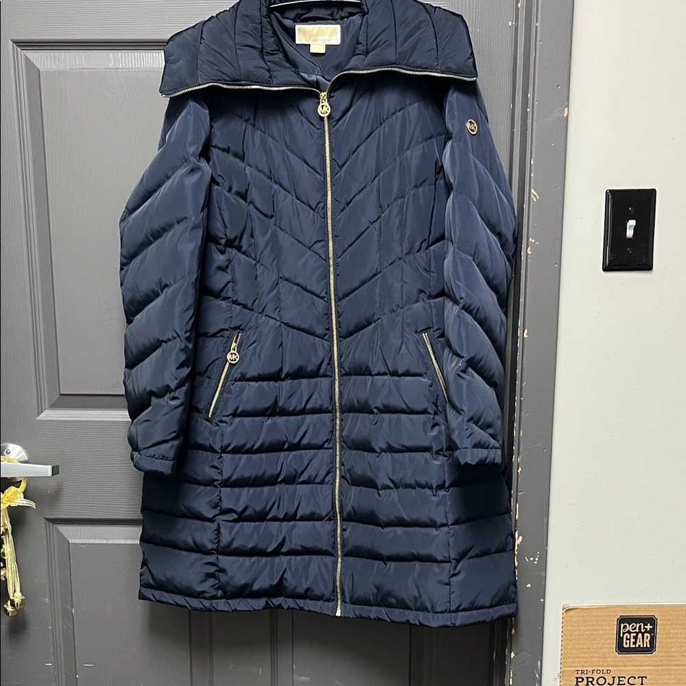 Michael Kors Navy Puffer Jacket with Gold Accents
